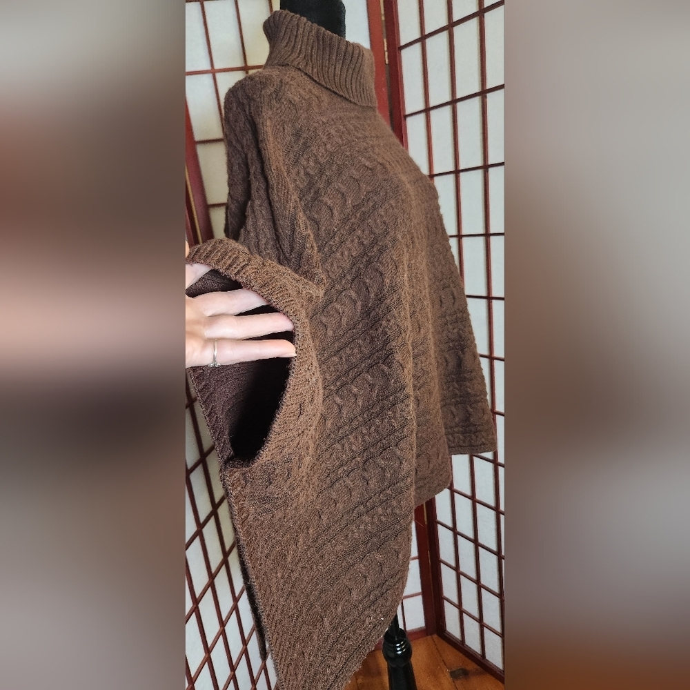 Rachel Zoe Cable Knit Dark Brown Poncho Sweater O/S - Picture 2 of 9
